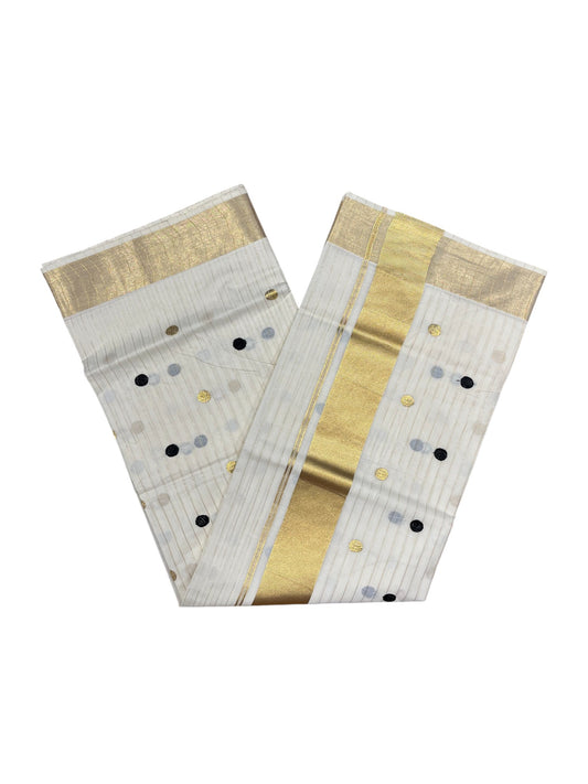 Southloom Kerala Pure Cotton Saree with Gold & Black Polka Embroidery Works on Body