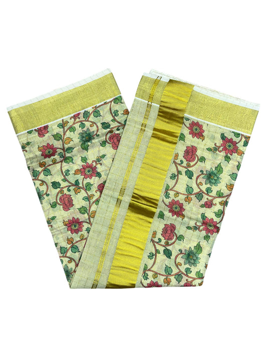 Southloom Tissue Check Kalamkari Print Kerala Kasavu Saree