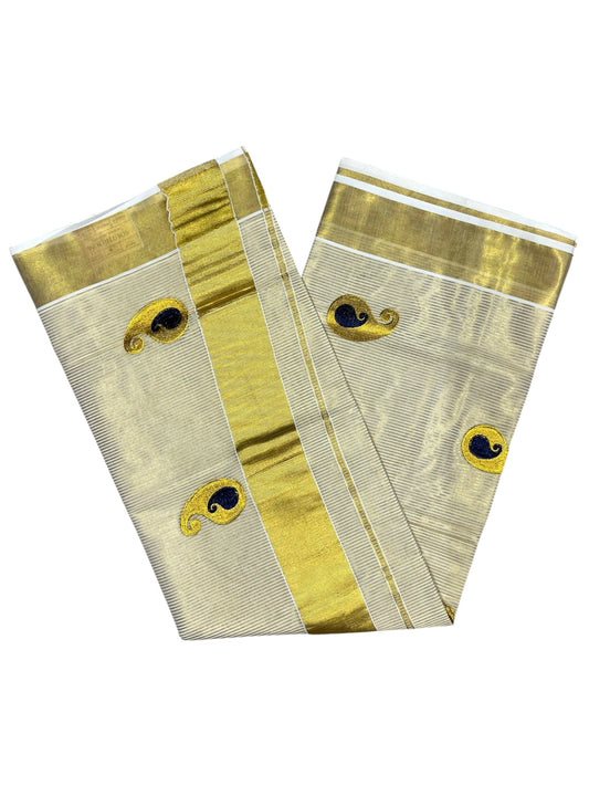 Southloom Kerala Tissue Kasavu Saree with Blue Embroidery Design