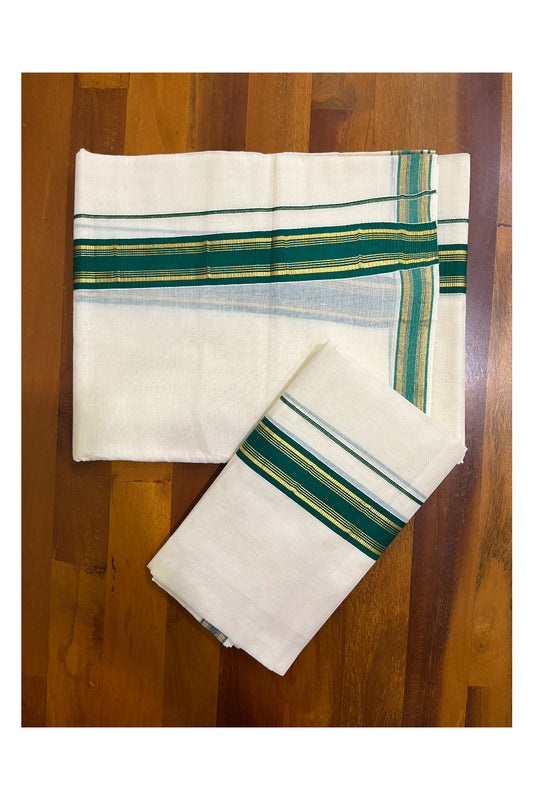 Kerala Cotton Set Mundu (Mundum Neriyathum) with Green and Kasavu Border 2.80 Mtrs SLKK SL470