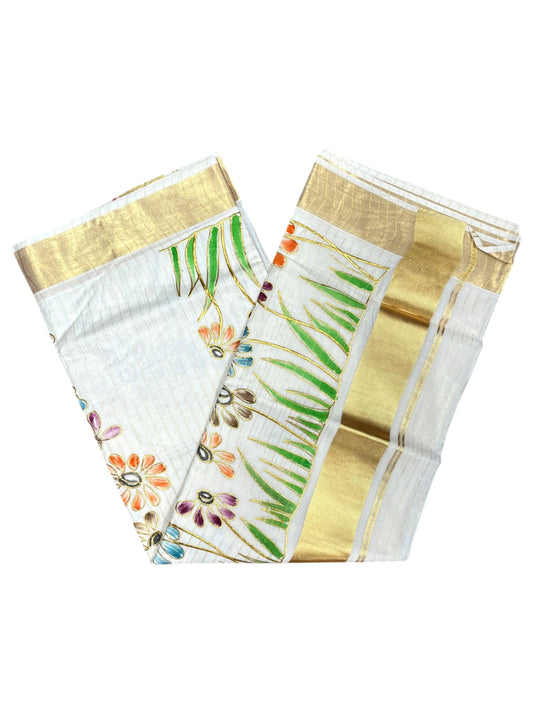 Southloom Cotton Kerala Kasavu Stripes Saree with Floral and Handpainted Embroidery Design in Body