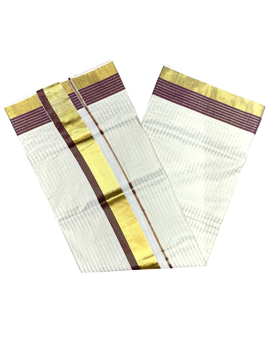Southloom Pure Cotton Kerala Kasavu Lines Design Saree with Purple Border