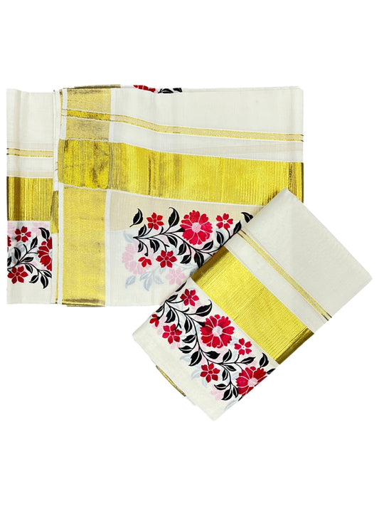 Southloom Pure Cotton Kerala Kasavu Single Set Mundu (Mundum Neriyathum) with Floral Print in Red and Black