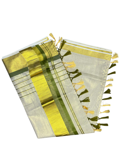 Southloom Kerala Tissue Kasavu Saree with Stripes on Body with Olive Green Borders