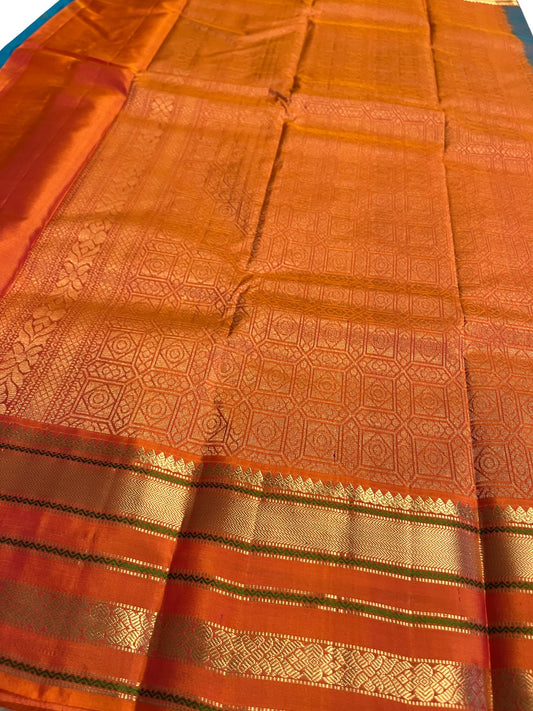 Southloom Pure Handloom Bridal Kanchipuram Silk Saree with Korvai Work (Blue & Orange)