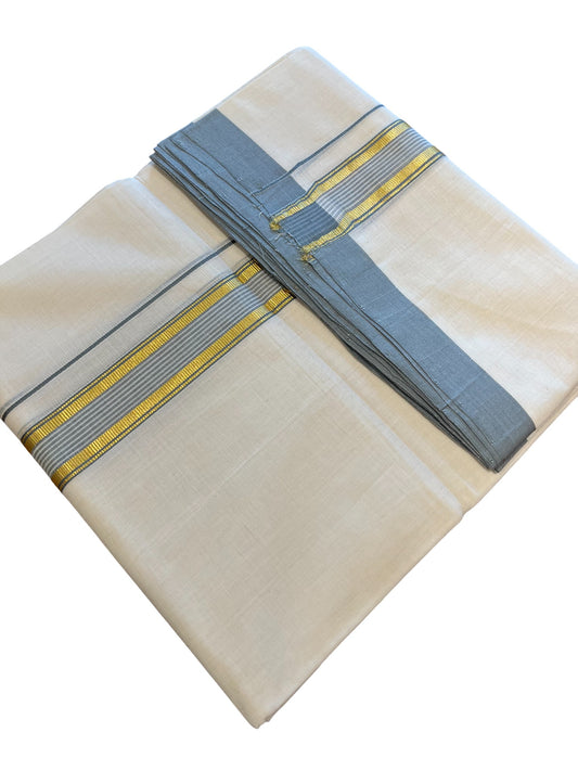 Southloom Premium Handloom Cotton Double Mundu with Gold and Grey Border