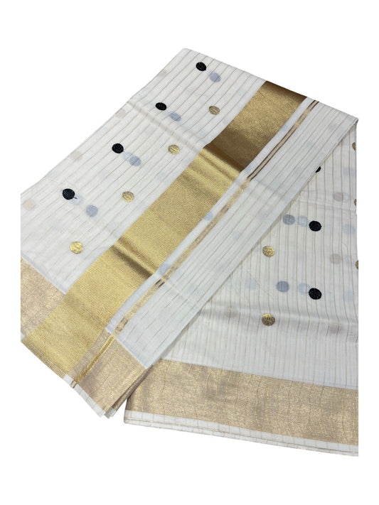Southloom Kerala Pure Cotton Saree with Gold&Black Polka Embroidery Works on Body