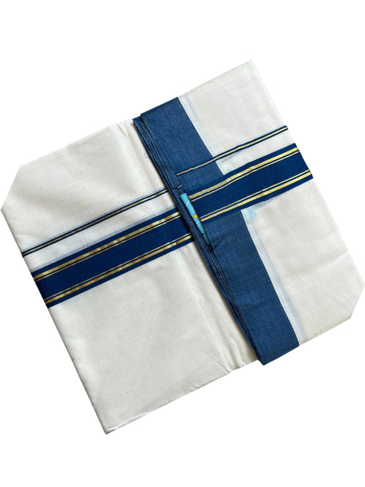 Southloom Pure Cotton Mundu with Golden Lines and Blue Border (South Indian Kerala Dhoti)