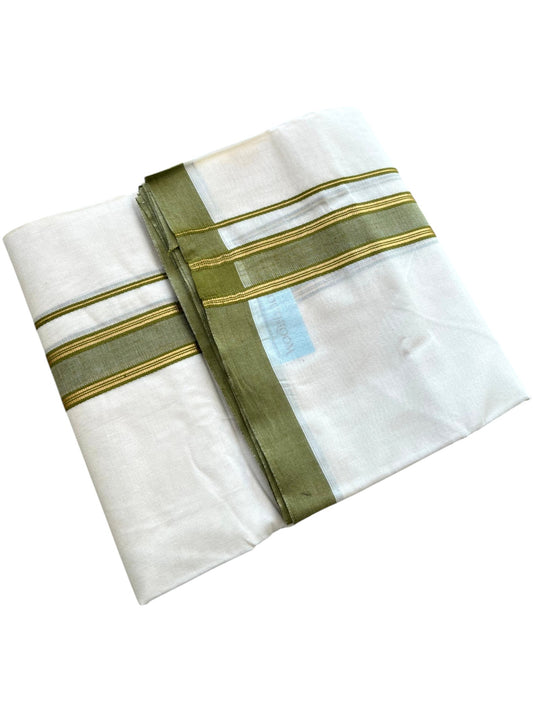 Southloom Pure Cotton Mundu with Golden Lines and Olive Green Border (South Indian Kerala Dhoti)