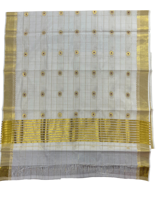 Southloom Cotton Kasavu Check Saree with Gold and Maroon Polka Dot Prints Across Body