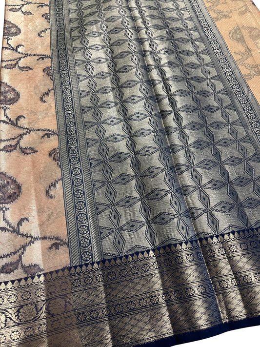 Southloom Tissue Silk Saree with Woven Work on Body and Borders (Peach & Blue)