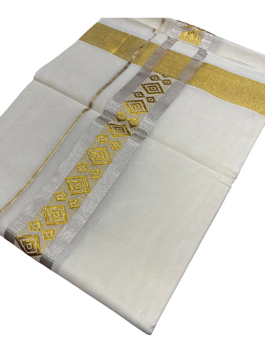 Southloom Premium Handloom Cotton Double Mundu with Gold And Silver Kasavu Border
