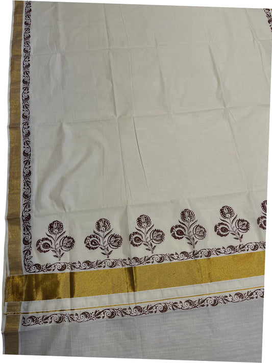 Southloom Cotton Kerala Kasavu Saree with Brown and Maroon Block Prints On Border