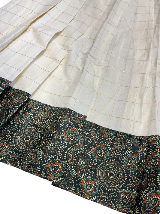 Southloom Semi Stitched Cottan Dhavani Set with Pavada and Ajrakh Blouse Piece