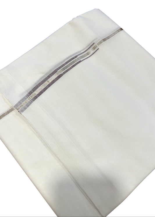 Pure White Cotton Double Mundu with Silver and Violet Chutti Kara (South Indian Dhoti)
