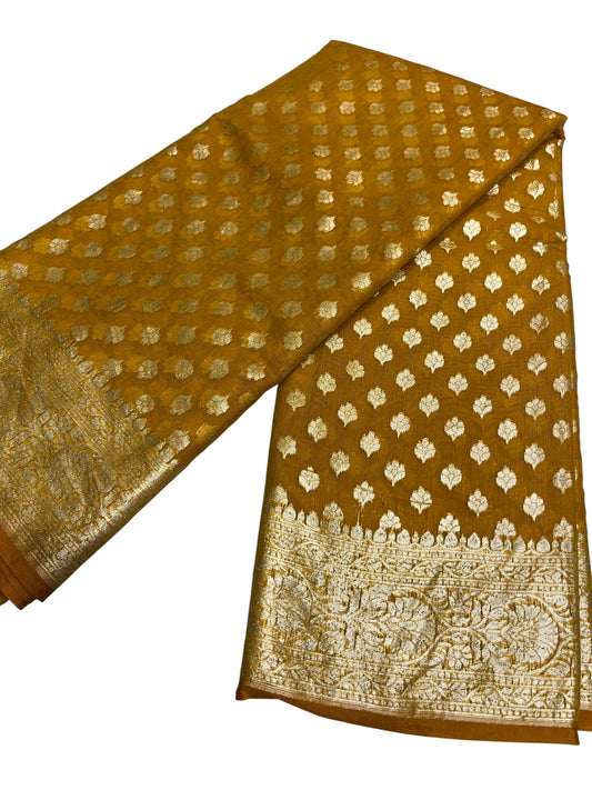 Southloom Cotton Banarasi Silk Saree with Woven Work on Body and Borders (Yellow)