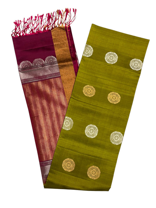 Southloom Pure Handloom Bridal Kanchipuram Silk Saree with Korvai Work (Olive Green & Magenta)