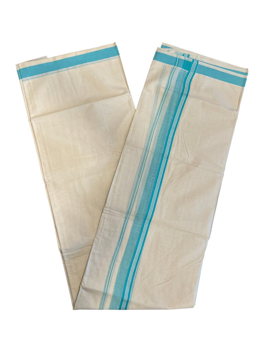Southloom Pure Cotton Double Mundu With White Lines & Blue Border (South Indian Kerala Dhoti)