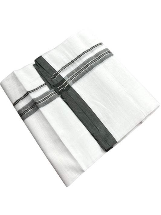 Southloom Pure White Cotton Mundu with Olive Green & Silver Line Border (South Indian Kerala Dhoti)