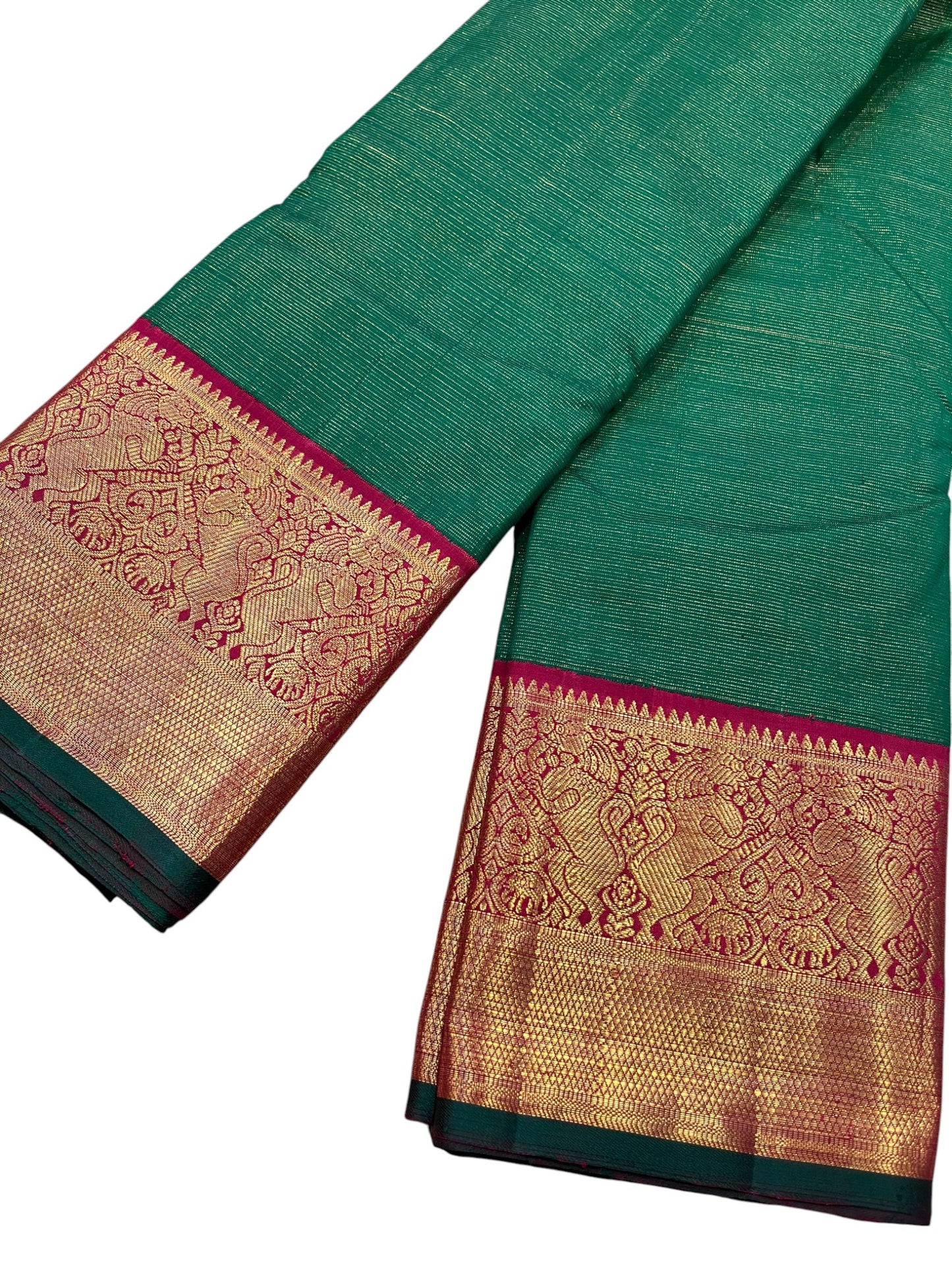 Southloom Premium Bridal Handloom Kanchipuram Silk Saree With Korvai Works (Green)