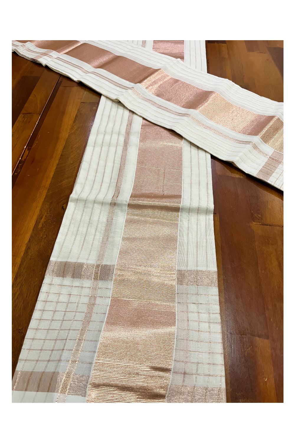 Pure Cotton Kerala Set Mundu with Rose Copper Kasavu Lines Designs Across Body