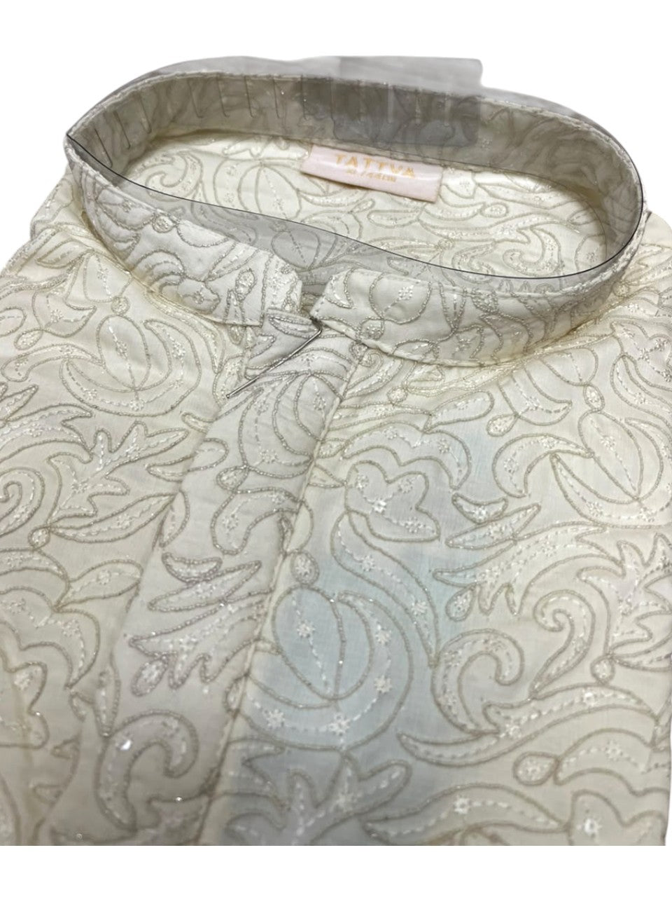 Southloom Of-White Woven Semi Silk Short Kurta for Men SL590