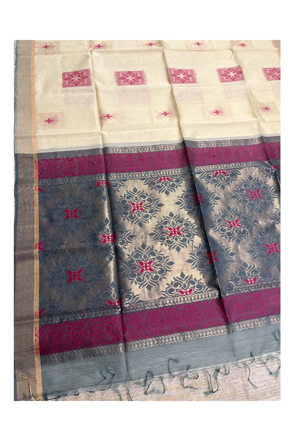 Southloom Pure Handloom Cotton Silk Saree With Handwoven Work Across Body and Blouse in Beige And Grey