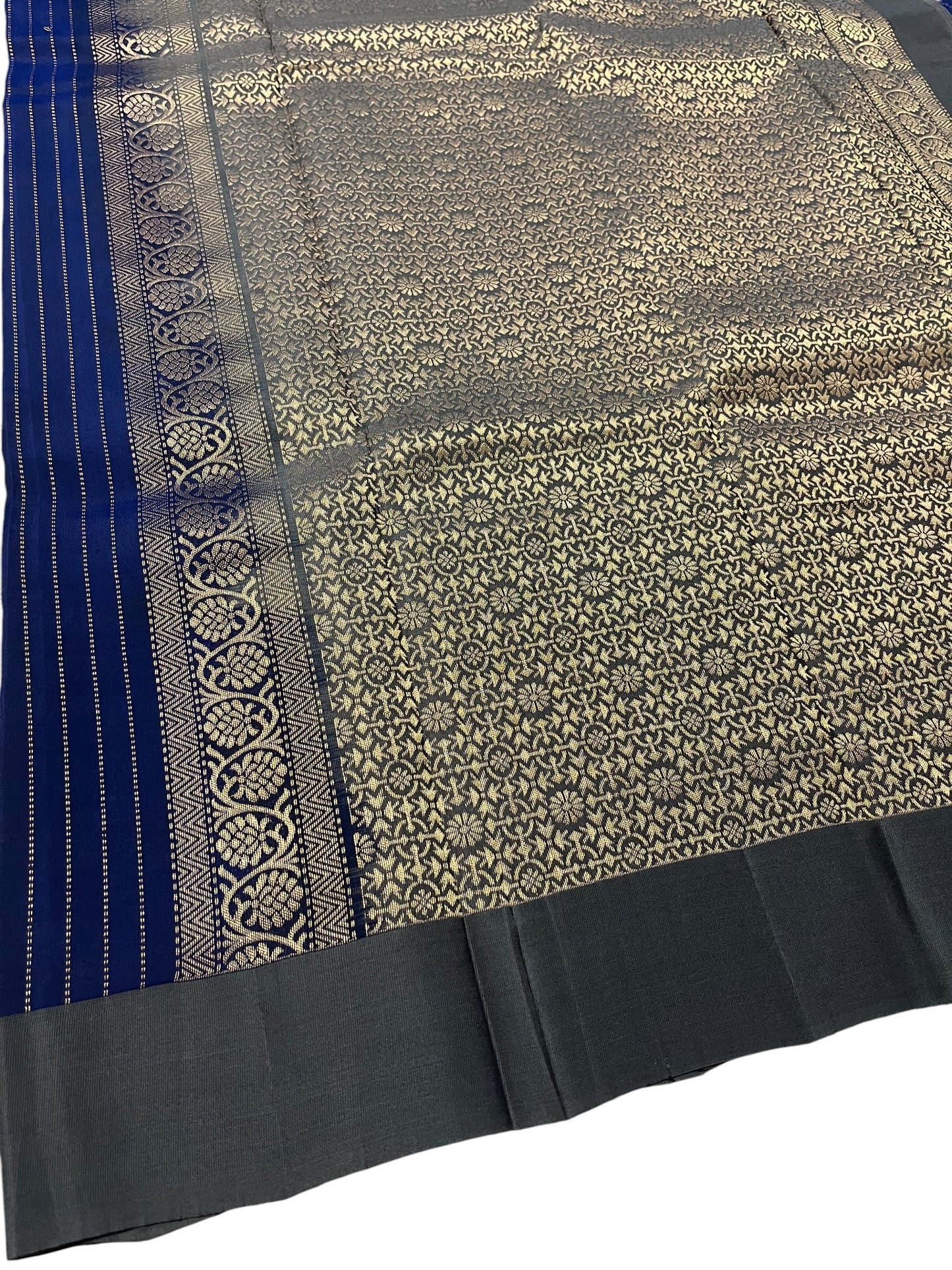 Southloom Pure Handloom Bridal Kanchipuram Silk Saree with Korvai Work(Blue&Gray)
