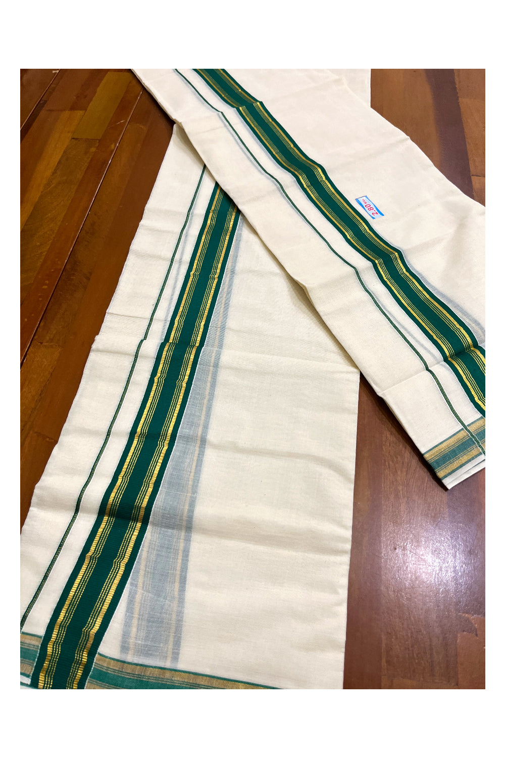 Kerala Cotton Set Mundu (Mundum Neriyathum) with Green and Kasavu Border 2.80 Mtrs SLKK SL470