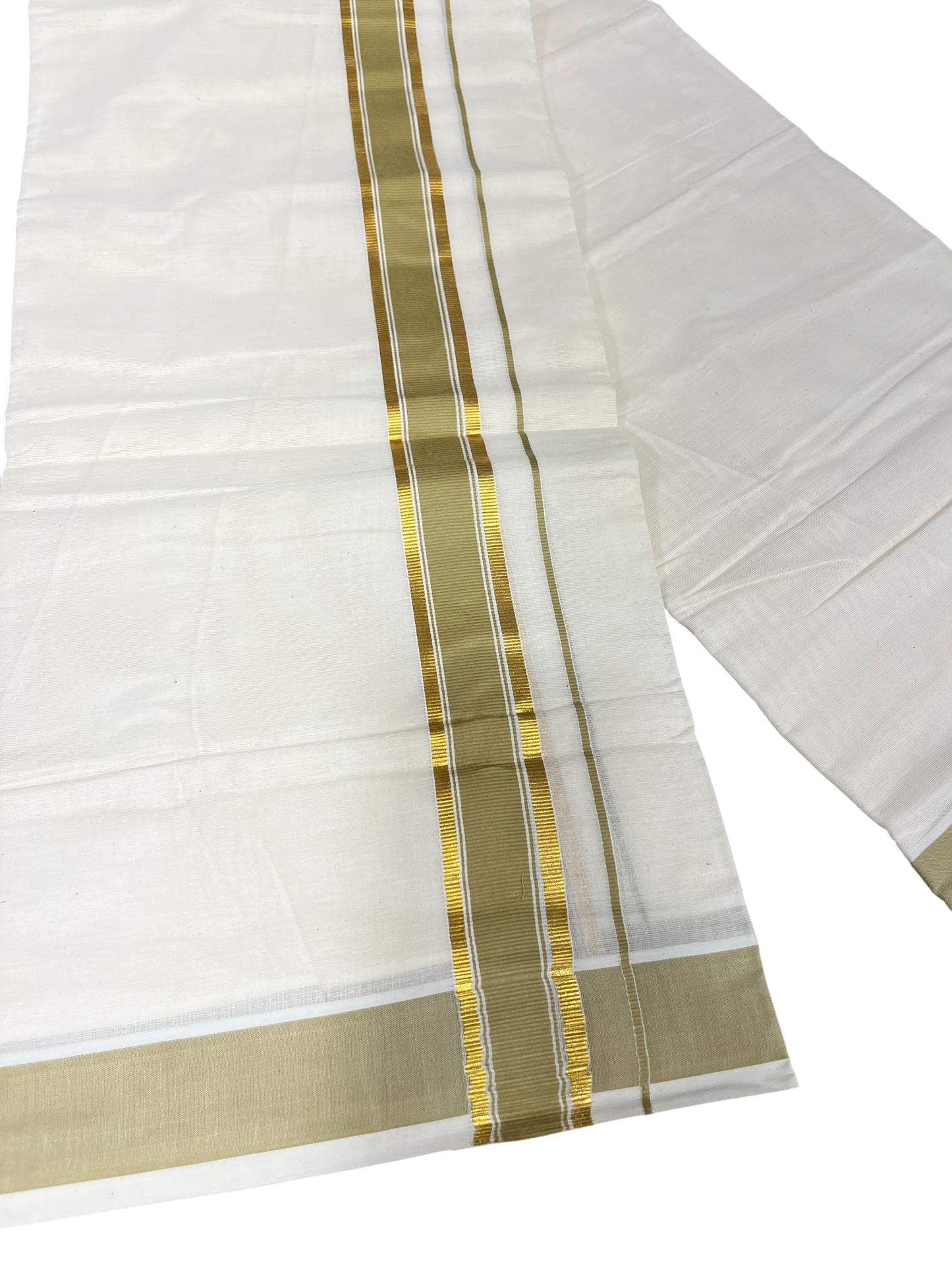 Southloom Pure Cotton Mundu with Gold Kasavu and Olive Green Colour Border (South Indian Kerala Dhoti)
