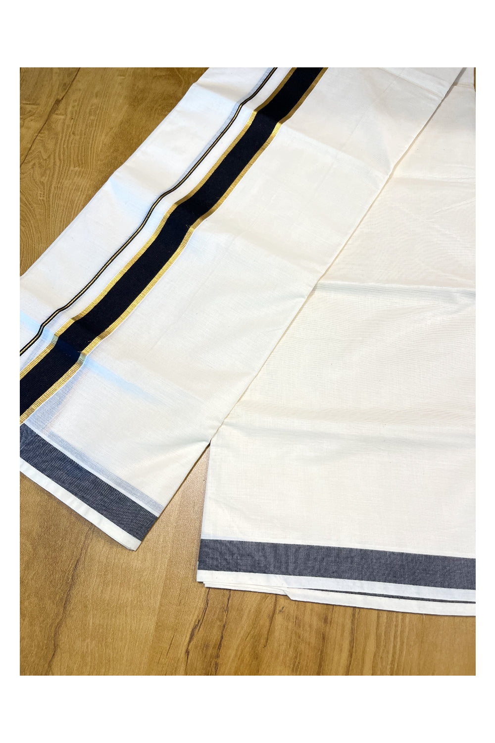 Kerala Pure Cotton Double Mundu with Black and Kasavu Border (South Indian Kerala Dhoti)