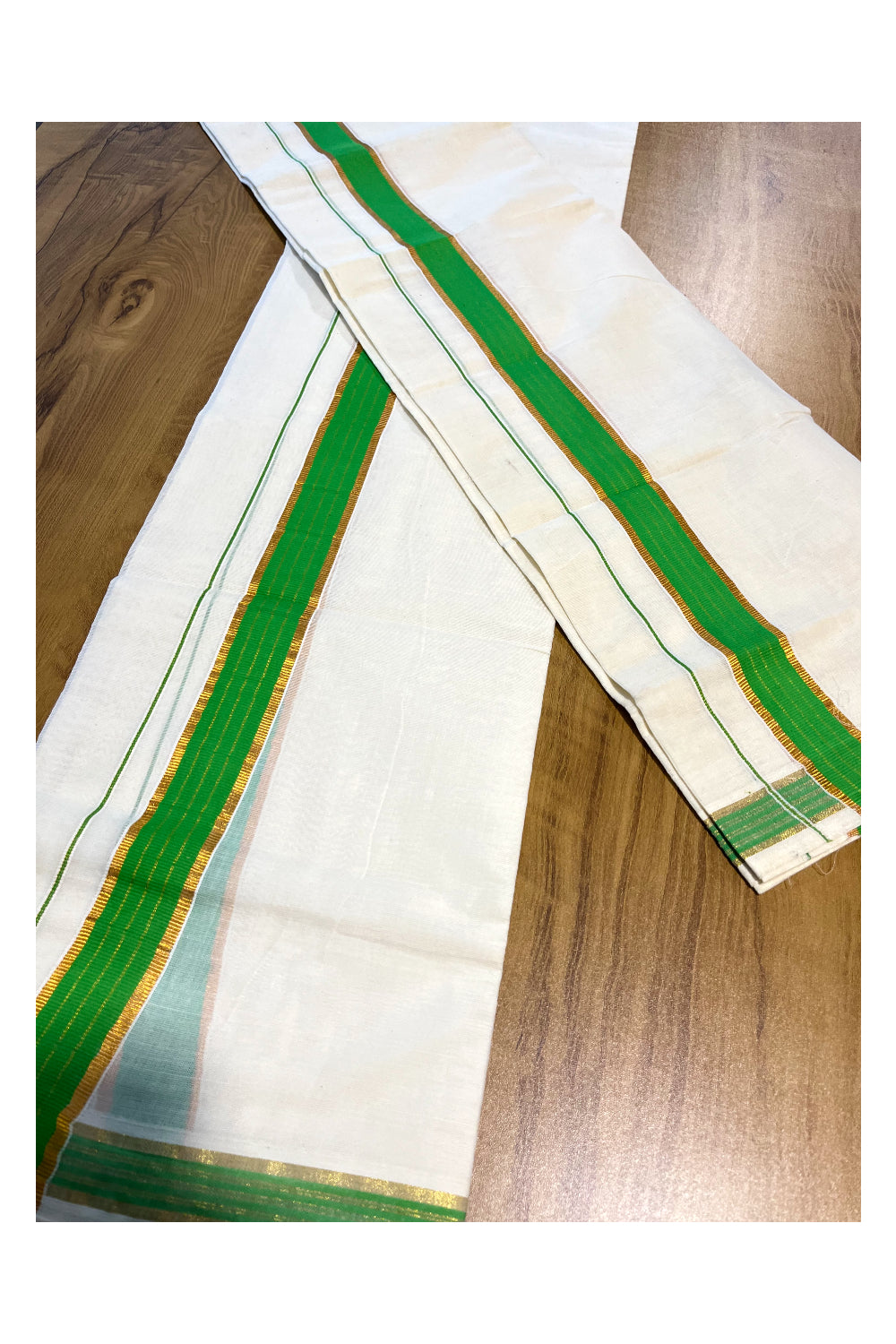 Kerala Cotton Set Mundu (Mundum Neriyathum) with Kasavu and Light Green Border