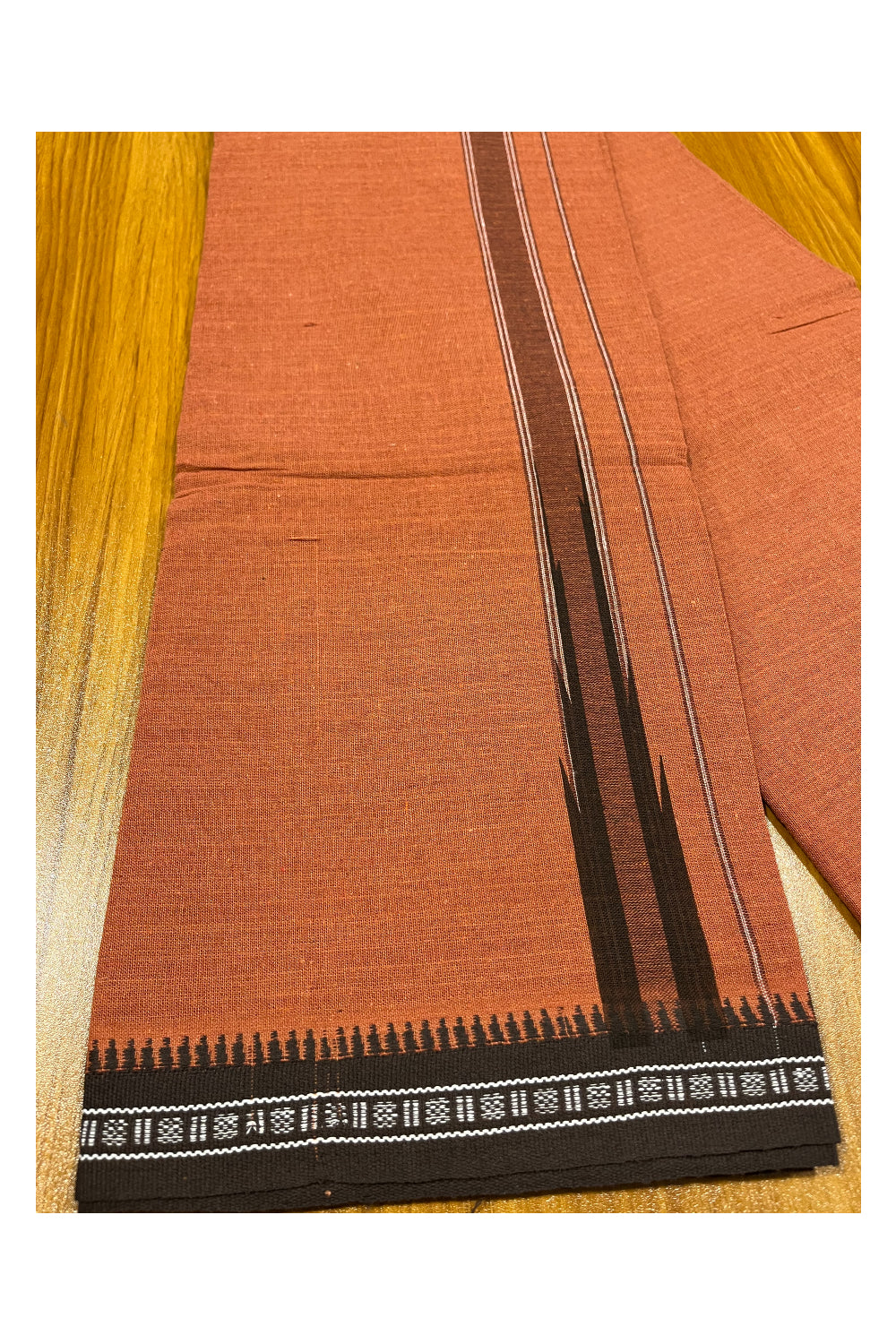 Southloom Saffron (Kaavi) Black Printed Single Mundu / Lungi (South Indian Kerala Dhoti)