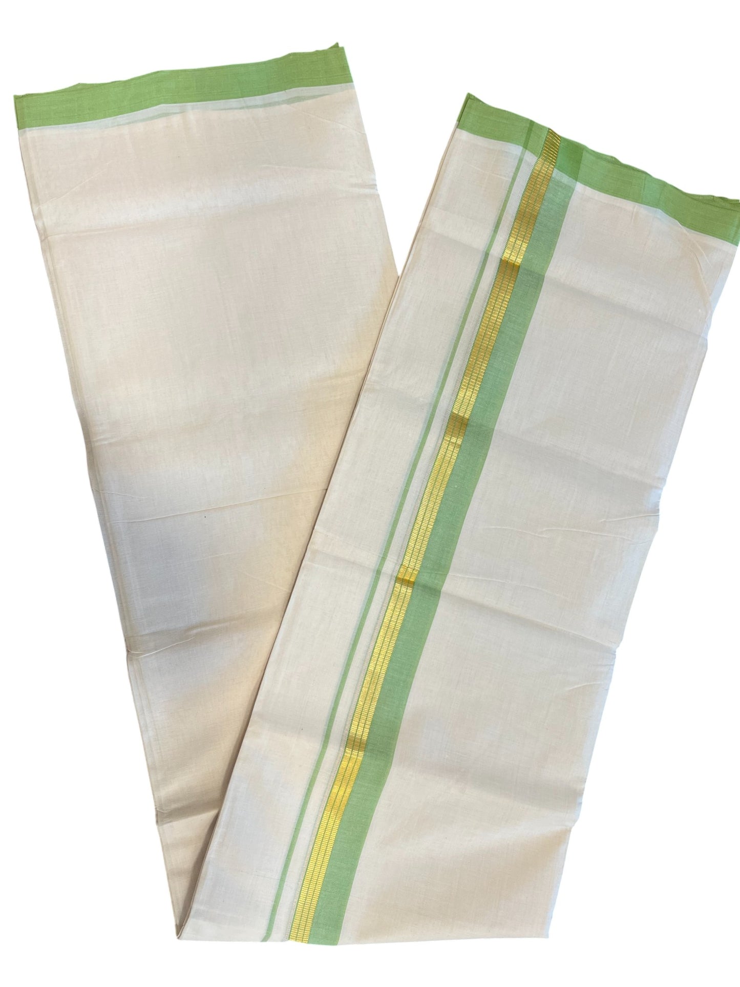 Southloom Premium Handloom Cotton Double Mundu with Gold and Green Border