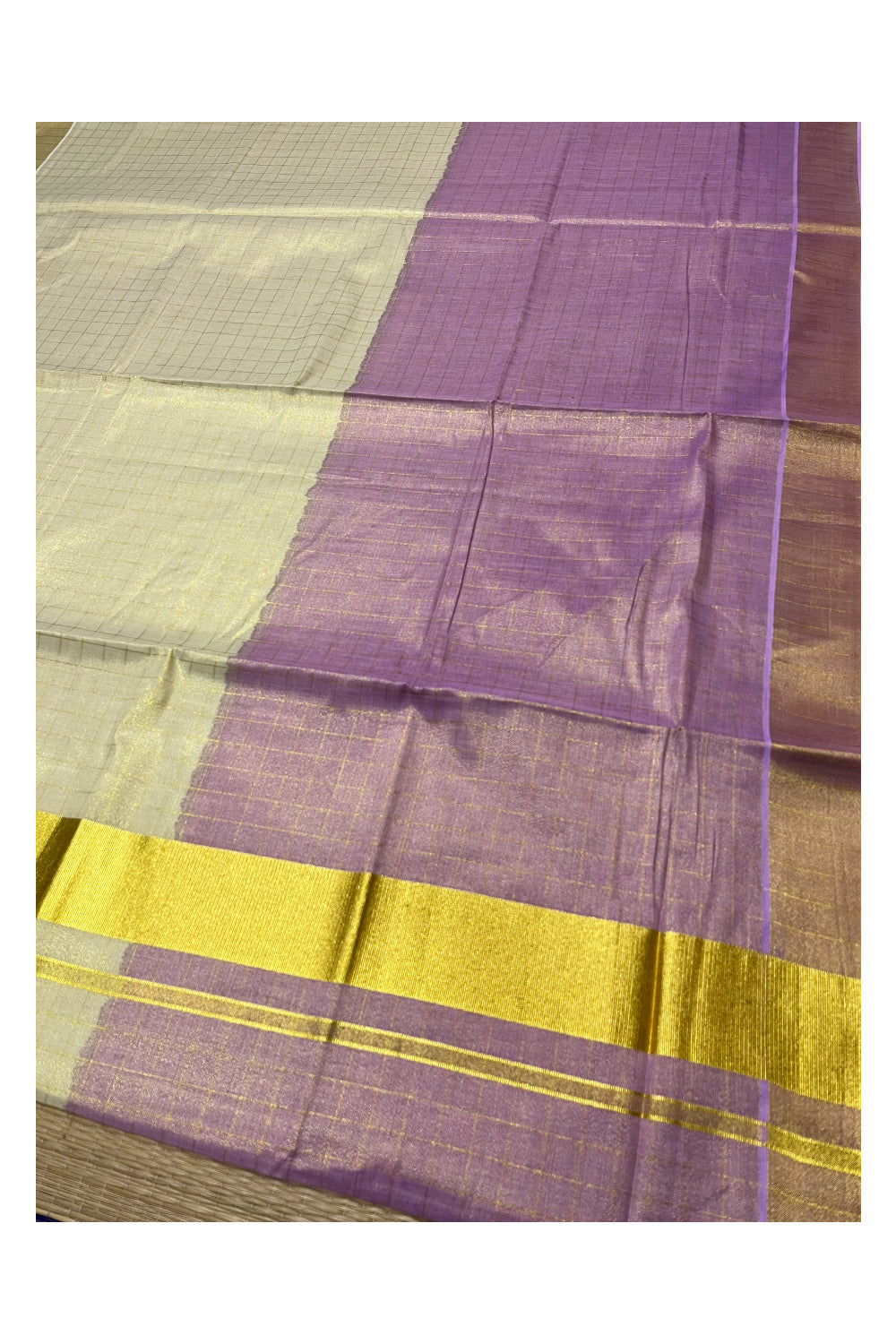 Southloom Tie & Dye - Half & Half Multi Colour Violet Design Saree with Kasavu Checks Across Body SL264