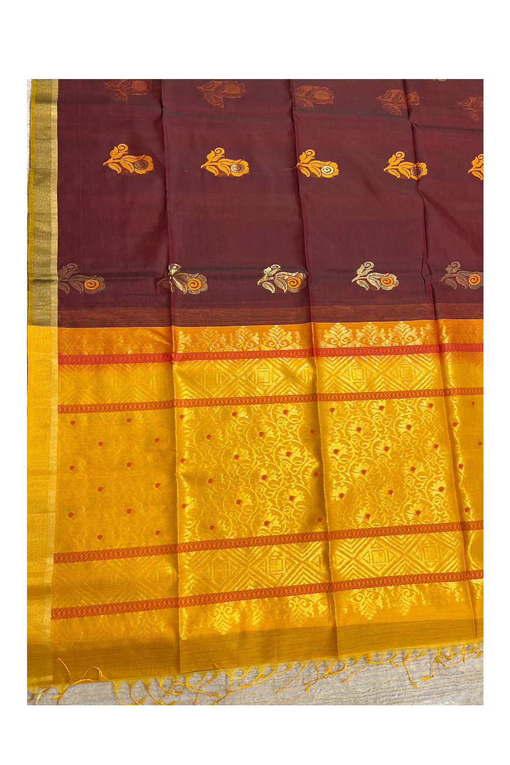 Southloom Pure Handloom Cotton Silk Saree With Handwoven Work Across Body and Blouse in Yellow And Maroon