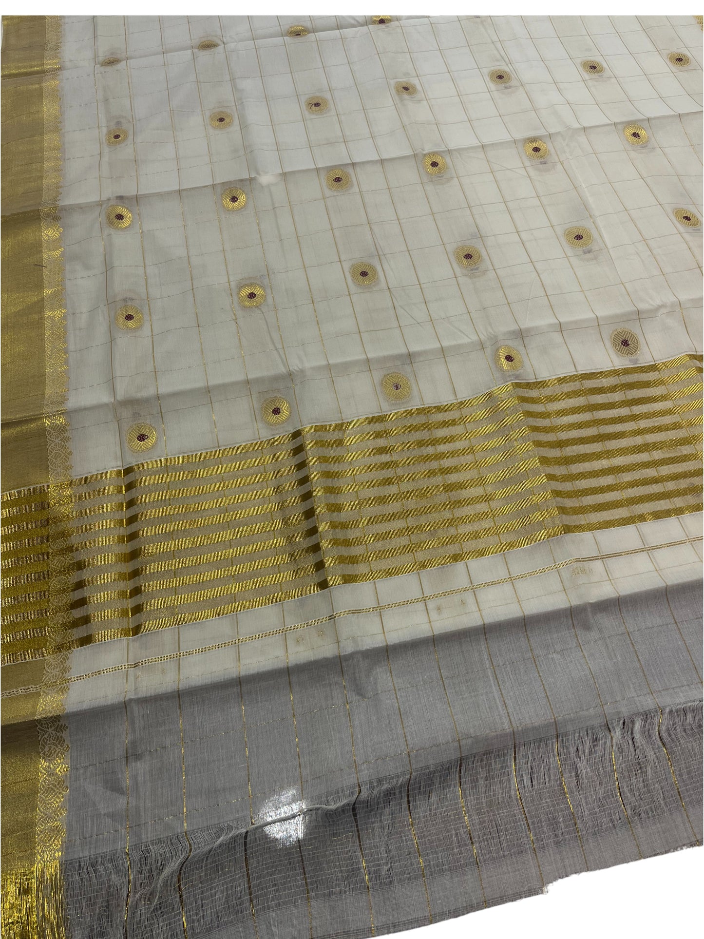 Southloom Cotton Kasavu Check Saree with Gold and Maroon Polka Dot Prints Across Body