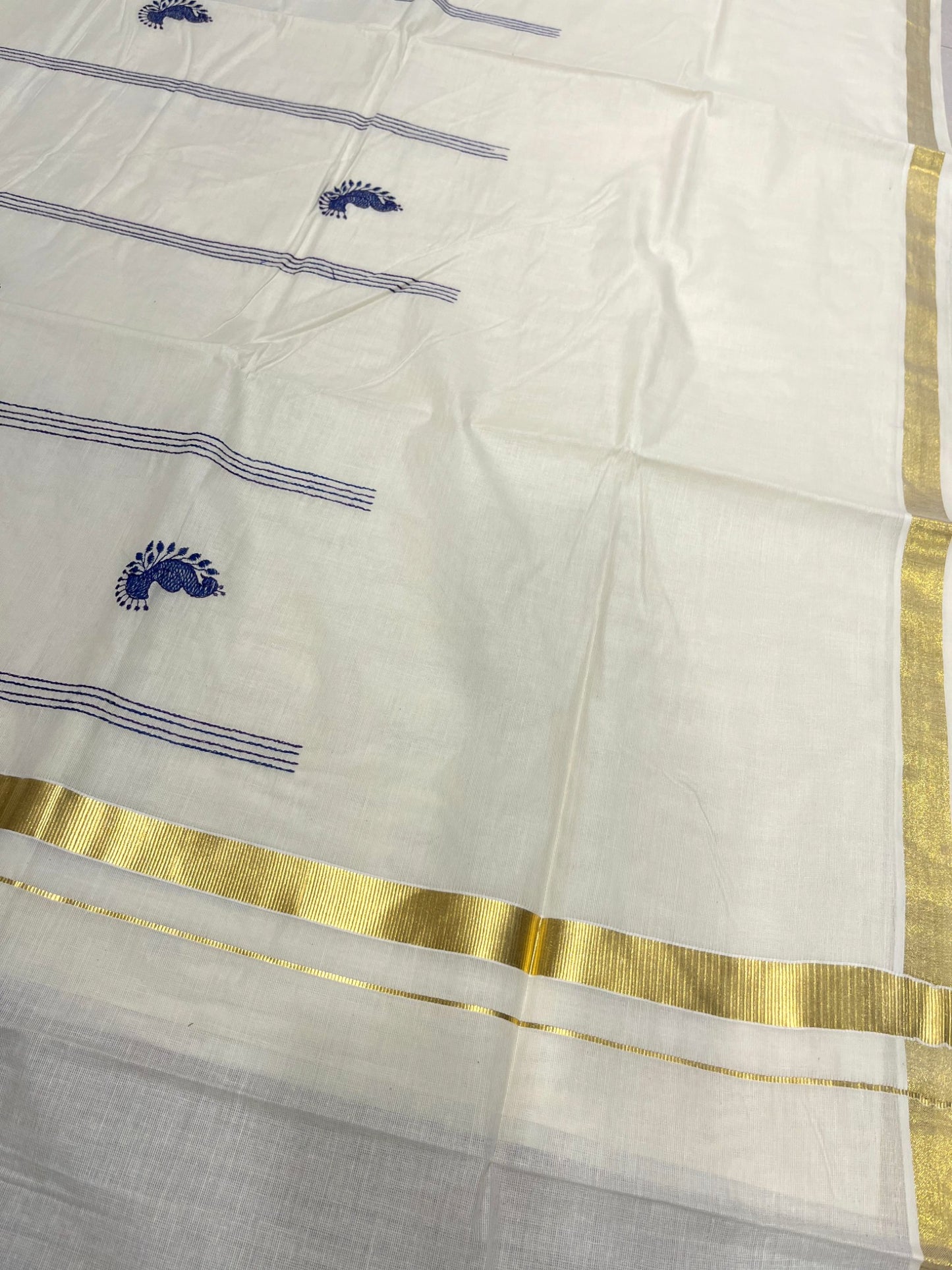 Southloom Kerala Cotton Kasavu Saree with Peacock Embroidery Works Across Body