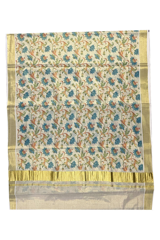Kerala Tissue Kasavu Saree with Blue Floral Kalamkari Design