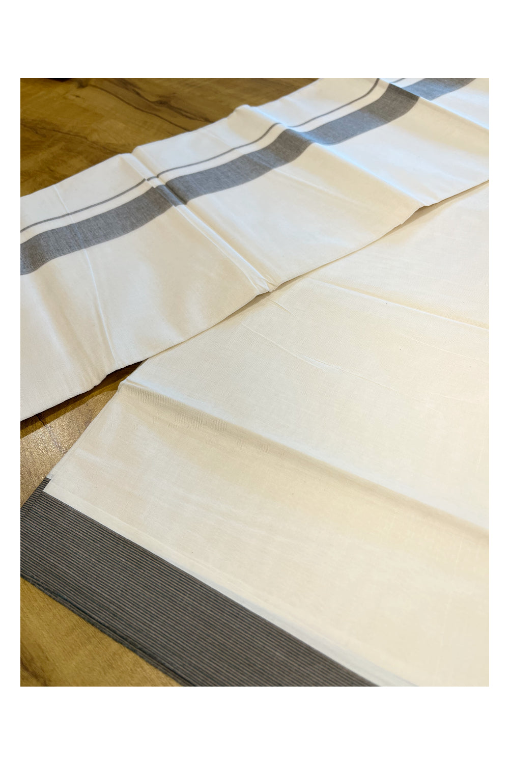 Pure Cotton Mundu with Grey Lines and Grey Border (South Indian Kerala Dhoti)