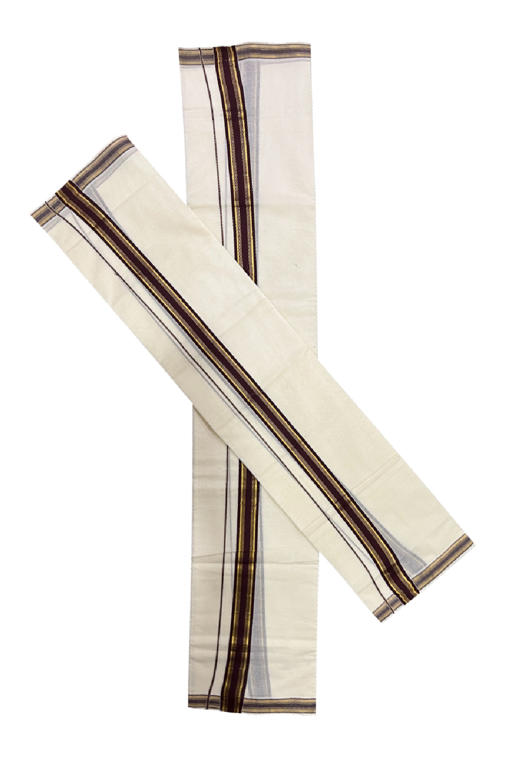 Kerala Cotton Mundum Neriyathum Single (Set Mundu) with Brown and Kasavu Border 2.80 Mtrs SLKK SL470