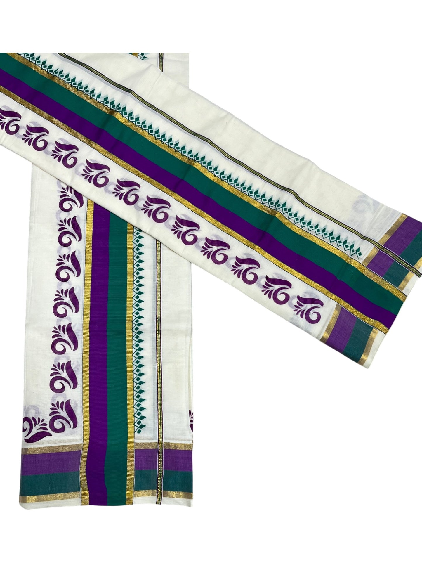 Southloom Cotton Single Set Mundu (Mundu Neriyathum) Digital Print With Green And Violet Border Kasavu in 2.80 Mtrs