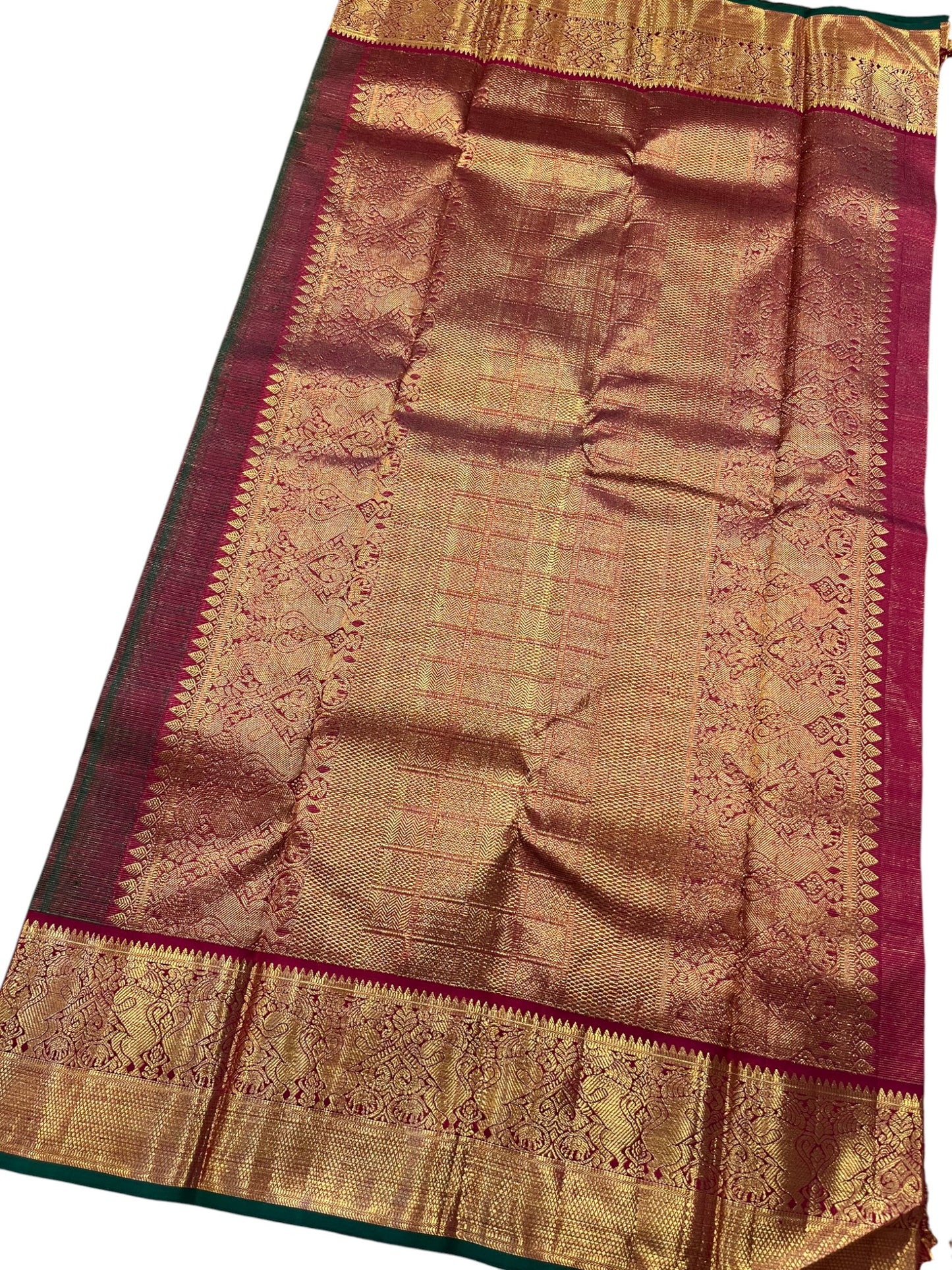 Southloom Premium Bridal Handloom Kanchipuram Silk Saree With Korvai Works (Green)
