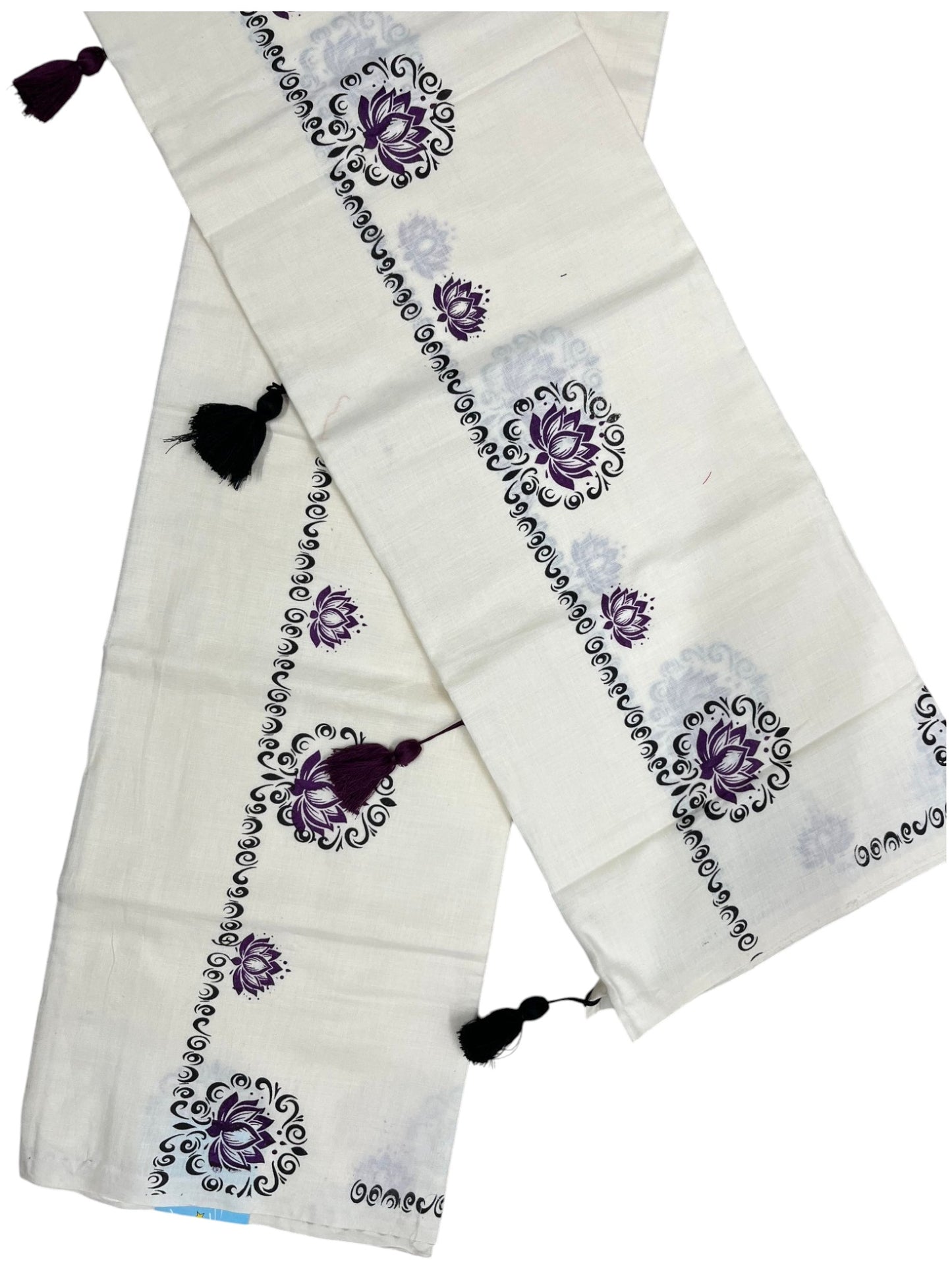 Southloom Kerala Cotton Single Set Mundu (Mundum Neriyathum) with Purple &Black Lotus Block Printed Design