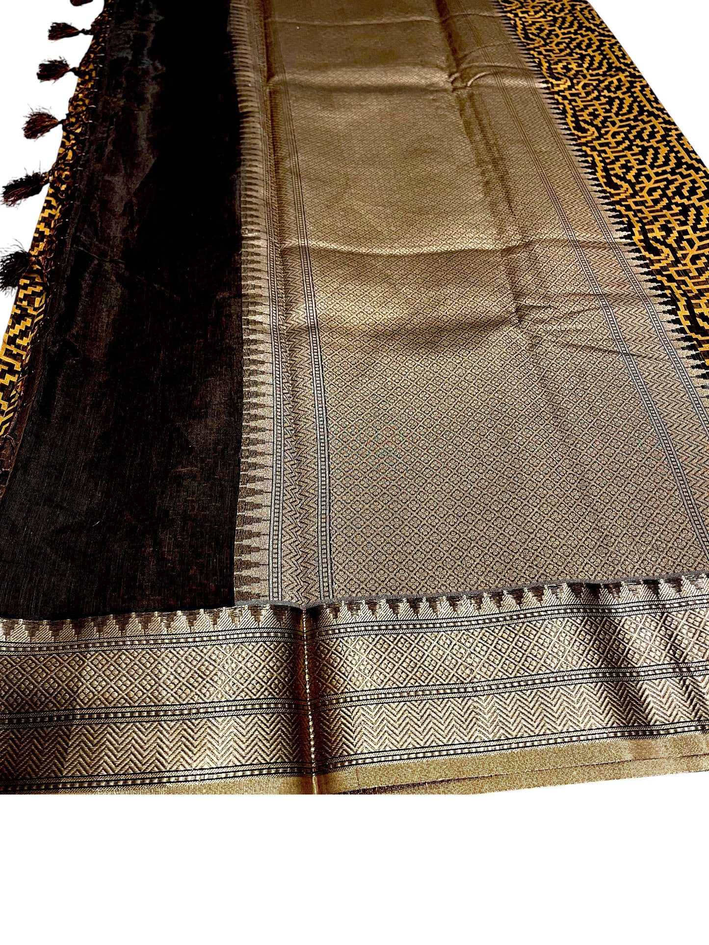Southloom Cotton Banarasi Silk Saree with Woven Work on Body and Borders (Brown)