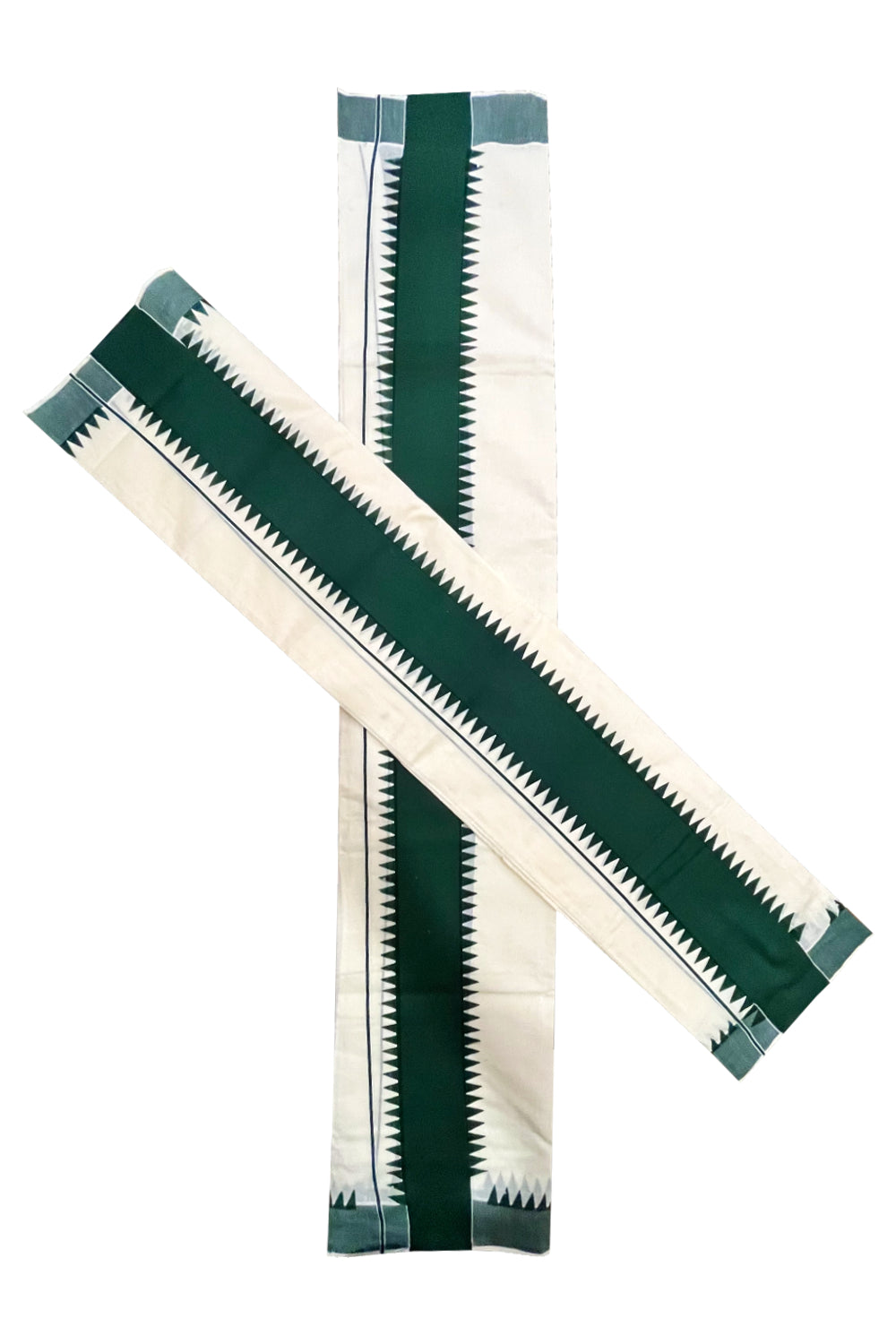 Kerala Pure Cotton Set Mundu Single (Mundum Neriyathum) with Dark Green Temple Border 2.80Mtrs