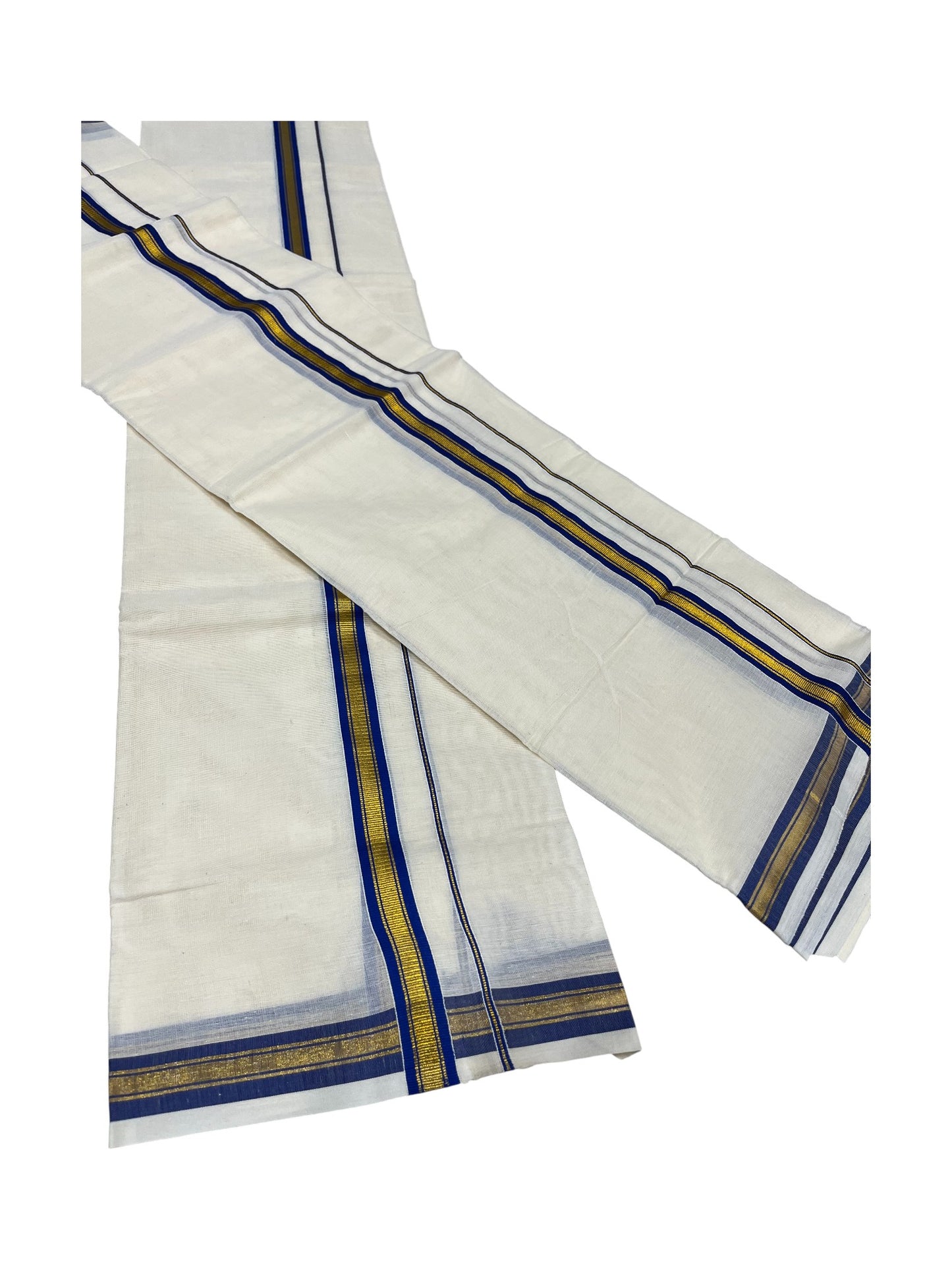 Pure Cotton Kerala Single Set Mundu (Mundum Neriyathum) with Blue Kasavu Border in 2.80 Mtrs
