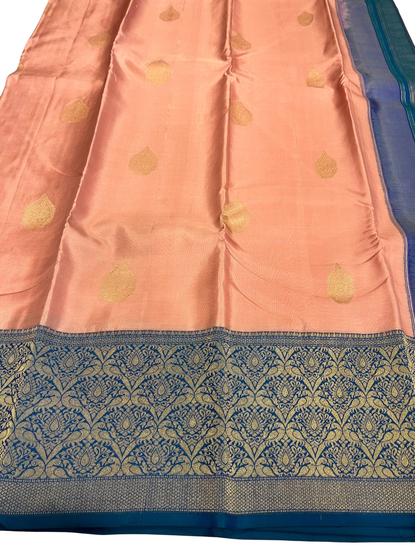 Southloom Premium Handloom Bridal Kanchipuram Silk Saree with Korvai Work (Peach & Blue)