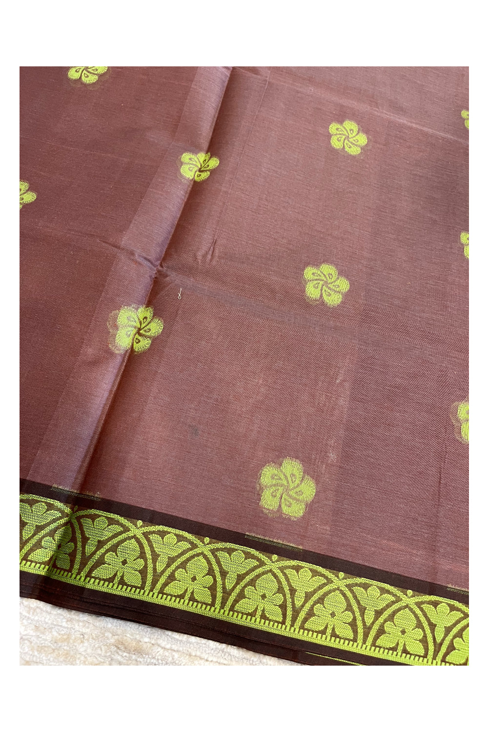 Southloom Kerala Cotton Saree with Floral Woven Works Across Body in Brown