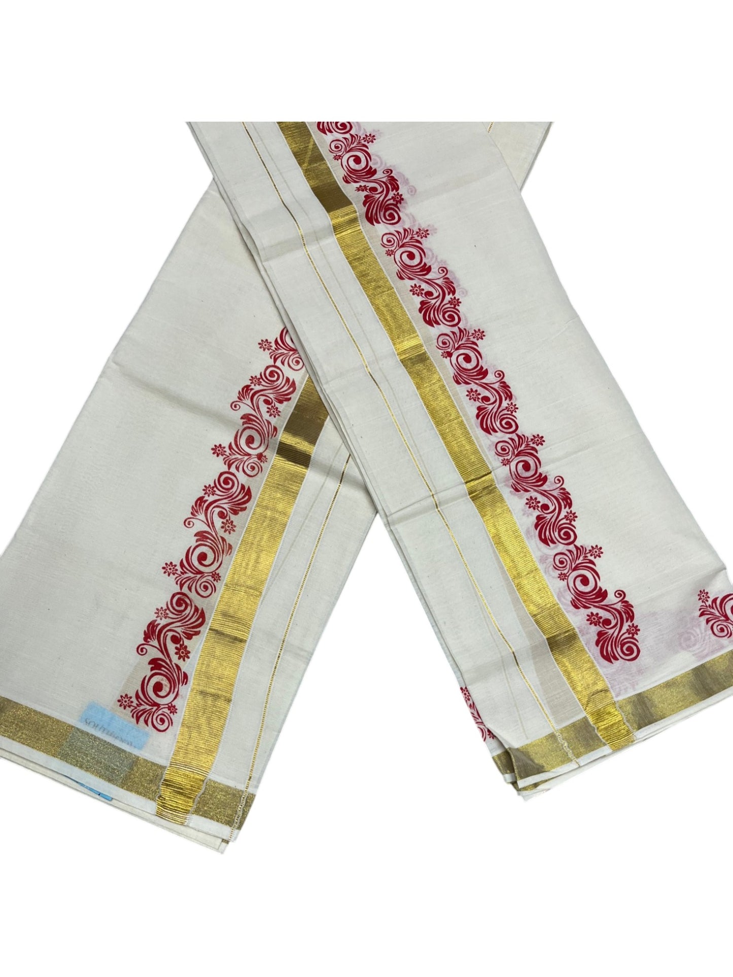 Southloom Pure Cotton Kerala Single Floral Print Set Mundu (Mundum Neriyathum) Red Border in 2.80 mtrs SL245